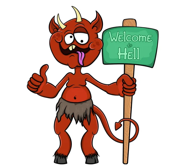 Cartoon Little Devil Holding Sign Welcome Hell Isolated White Background — Stock Vector