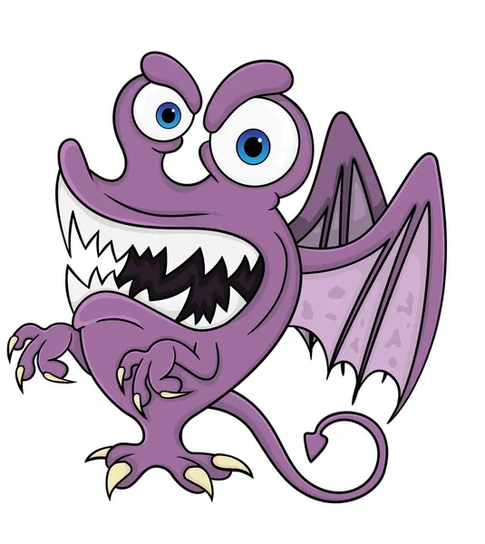 Cartoon Purple Monster Wings Fangs Tail Isolated White Background Vector — Stock Vector