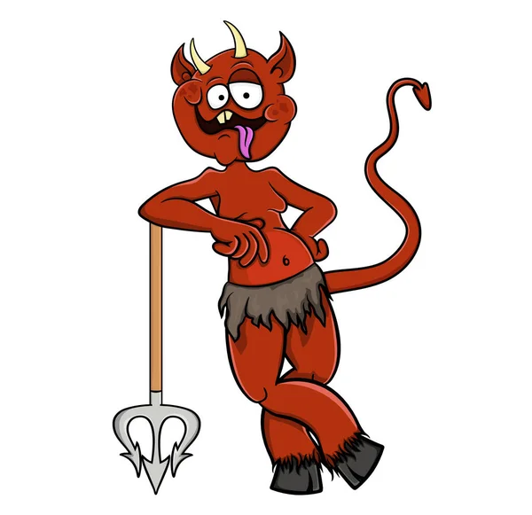 Diabo Dos Desenhos Animados Vermelhos Com Uma Forquilha Isolado Sobre — Vetor de Stock