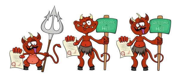Três Satanás Dos Desenhos Animados Com Contrato Diabo Suas Mãos — Vetor de Stock