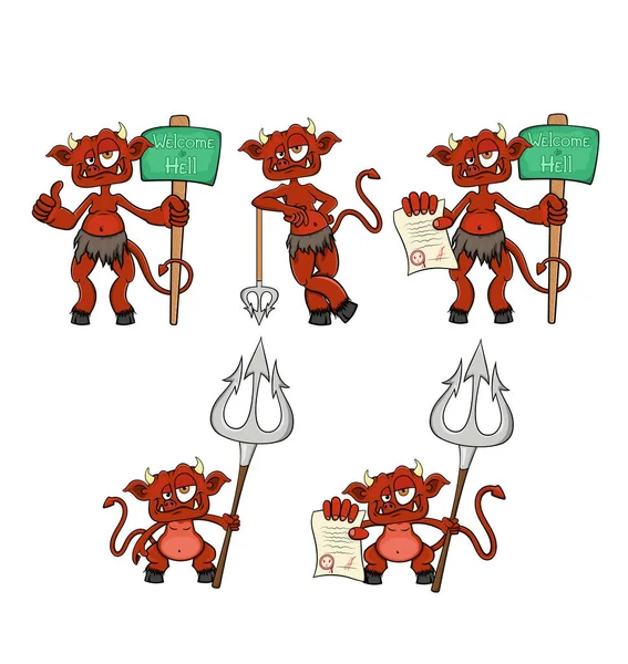 Set Five Cartoon Devils Each Character Separate Layer Isolated White — Stock Vector