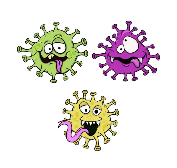 Set Three Cartoon Coronaviruses Green Purple Yellow Each Separate Layer — Stock Vector