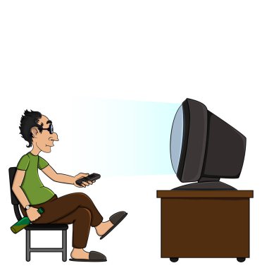  Gözlüklü bir adam beyaz arka planda izole edilmiş televizyon izliyor. hisse illüstrasyonu