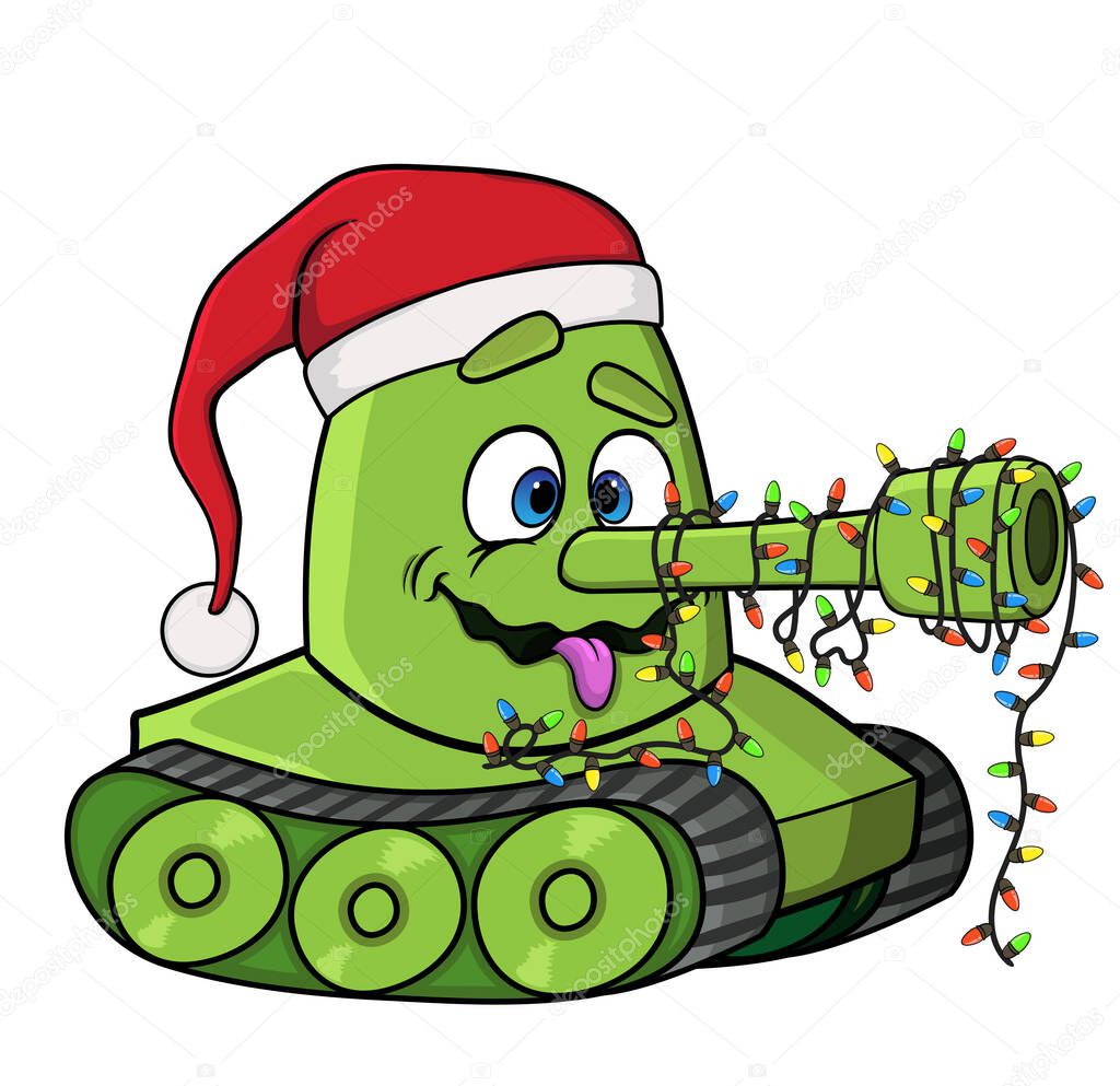 Christmas battle tank with a garland and a Christmas cap. Isolated on a white background. Vector stock illustration.