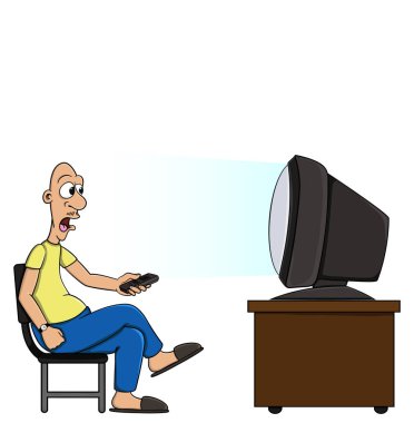  Televizyonun önündeki karikatürcü adam. Şaşırmış bir yüz ifadesiyle. Beyaz arkaplanda izole edilmiş vektör. hisse illüstrasyonu