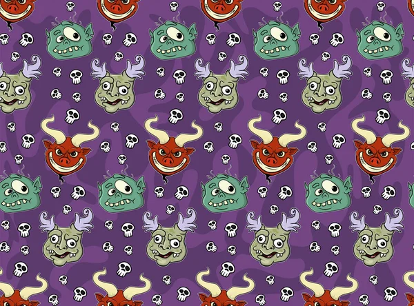Seamless Pattern Cartoon Monsters Purple Background Stock Vector Illustration — Stock Vector