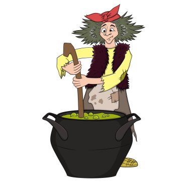 Baba Yaga bir kazanda iksir yapıyor, Rus folklorundan bir cadı. Beyaz bir arka planda izole edilmiş. Vektör hisse senedi çizimi.