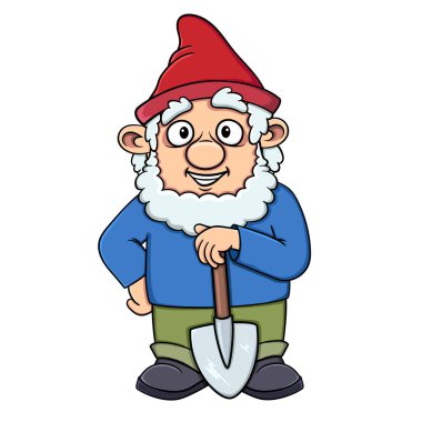 Elinde kürekle gülümseyen karikatür cücesi. Beyaz arka planda izole edilmiş vektör. Stok illüstrasyonu