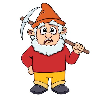 Komik çizgi film, ellerinde kazmayla cüceyi şaşırttı. Beyaz arka planda izole edilmiş bir vektör. hisse illüstrasyonu