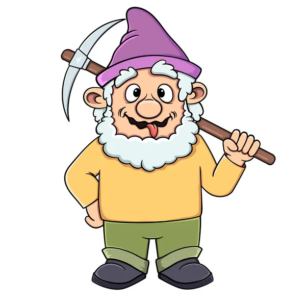 Gnome Engraçado Caricatura Provocação Mostra Língua Com Uma Picareta Suas —  Vetores de Stock