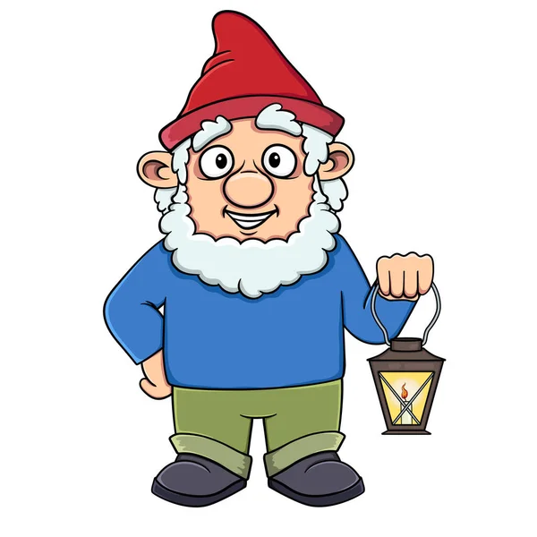 Gnome Dos Desenhos Animados Sorrindo Com Uma Lanterna Suas Mãos —  Vetores de Stock