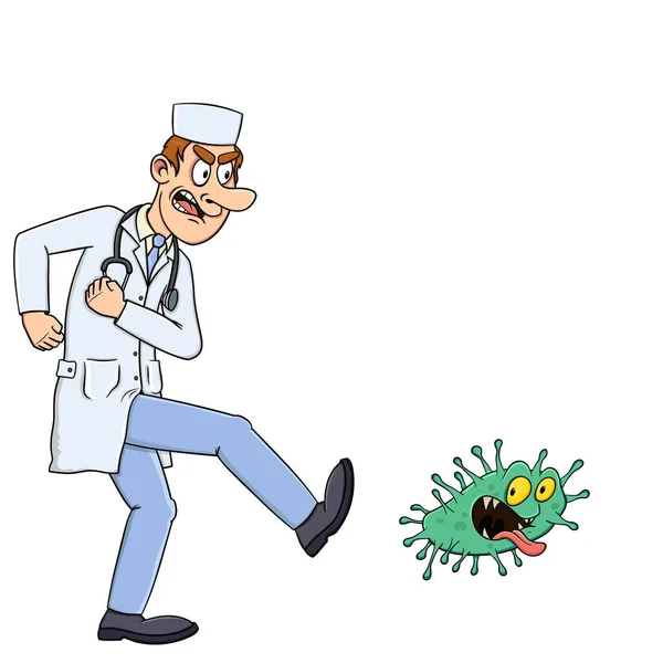 Arzt Tritt Das Böse Coronavirus Cartoon Vektor Illustration Isolation Auf — Stockvektor