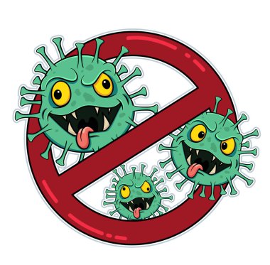 Coronavirus çizgi filmi yeşil kızgın mikropları işaretten çıkmaya çalışırken durdurun. Beyaz arka planda izole edilmiş vektör. hisse illüstrasyon vektörü