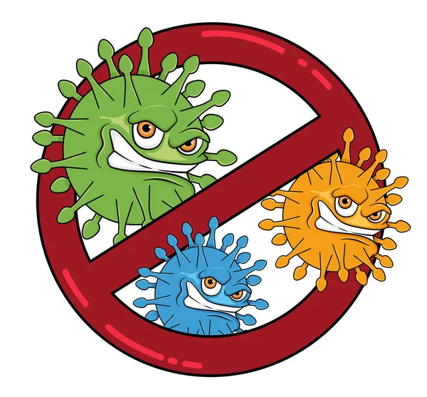 코로나 바이러스 Coronavirus 속성난 병균들 배경에서 고립된 표지판에서 벗어나려고 막으세요 — 스톡 벡터