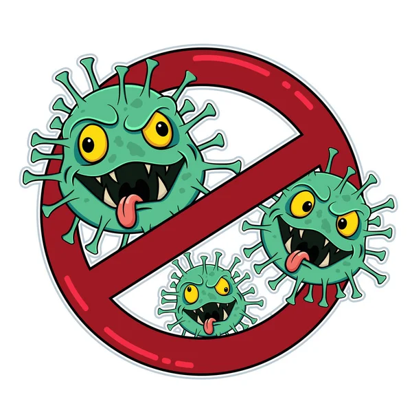 Parar Coronavírus Desenhos Animados Verde Germes Irritados Tentando Sair Sign —  Vetores de Stock