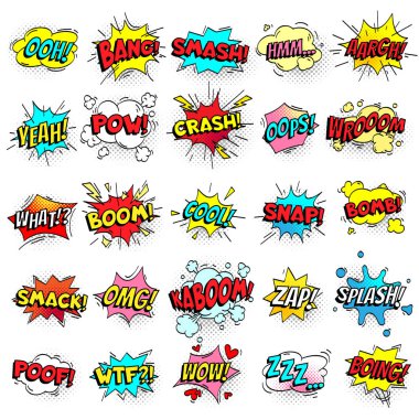 Konuşma baloncukları üzerinde komik işaretler yazan ünlem mesajları. Çizgi film kazası, pow, bomba, wham, oops ve karikatür işareti seti