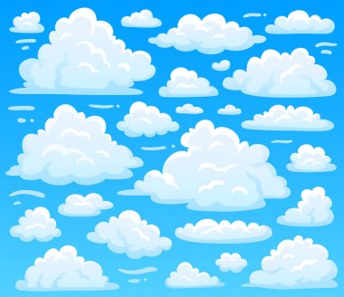 Masmavi gökyüzü, kabarık bulut karikatür. Mavi gökyüzü, atmosferik cennet vektör çizim üzerinde göksel bulutlar