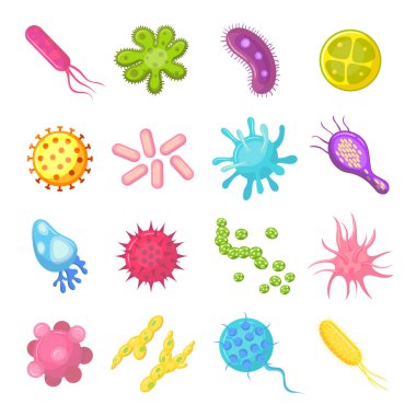 Bakteri ve mikropları renkli ayarla mikro-organizmaların hastalığa neden olan nesneleri, bakteriler, virüsler, mantarlar. İzole karikatür illüstrasyon vektör