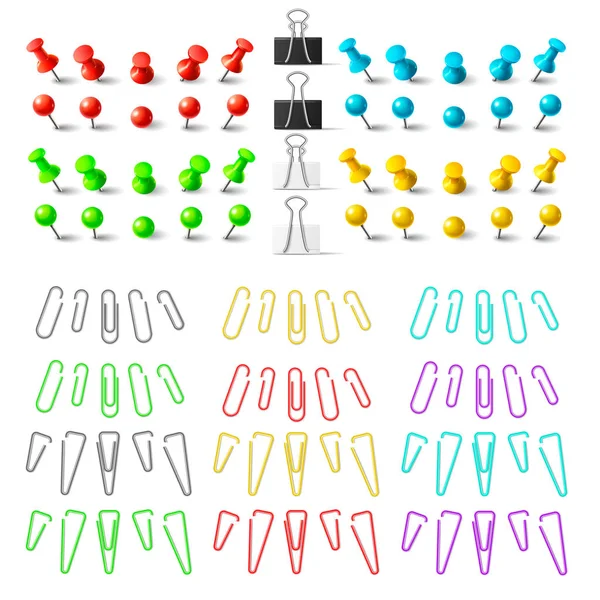 Kleurrijke pushpins en paperclips bindmiddelen, boekverkoper elementen. Aan — Stockvector