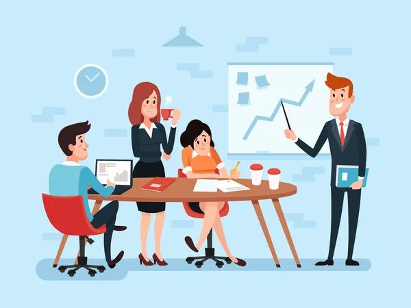 Büro-Teamwork oder Geschäftstreffen. Umtriebige Corporate Cartoon-Arbeit — Stockvektor
