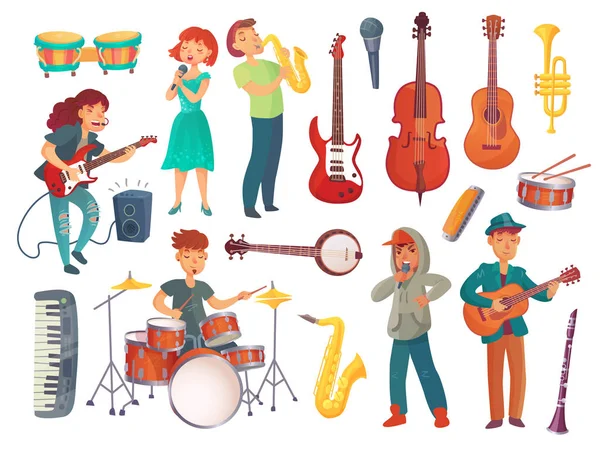 Desenhos animados jovens cantores femininos e masculinos com microfones e personagens músicos com instrumentos musicais —  Vetores de Stock