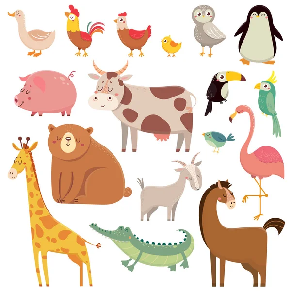 Baby cartoons wild bear, giraffe, crocodile, bird and domestic a — Stock Vector