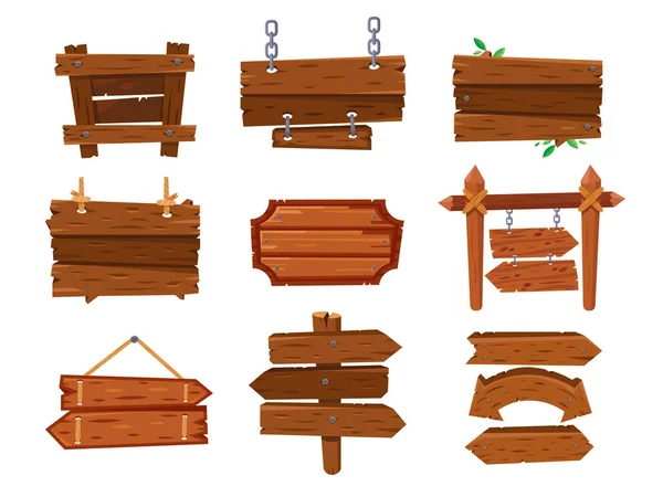 Leere Vintage-Cartoon-Holz-Schildertafel oder westlich sauberes Schild. alte rustikale Pfeile Wegweiser, Sperrholzwerbetafel und Holzschilder isolierte Vektor-Set — Stockvektor