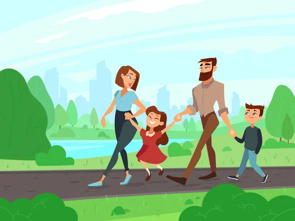 Joyeux dessin animé père, mère, frère et sœur au parc d'été. Jeune couple avec enfants promenades en plein air, illustration vectorielle style de vie familial — Image vectorielle