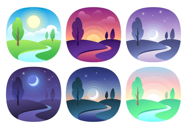 Gradyanlar ile modern güzel manzara. Sunrise, şafak, sabah, gün, öğlen, günbatımı, sis ve gece simgesi. Güneş saat vector Icons set