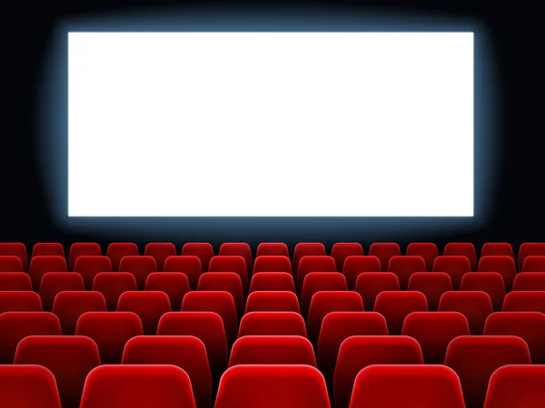 Estreno de cine en el cine. Cine blanco pantalla en blanco en el interior sala de cine con asientos vacíos vector de fondo — Vector de stock