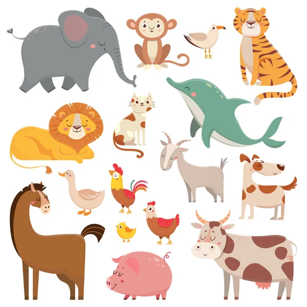 Child cartoons elephant, gull, dolphin, wild animal. Pet, farm and jungle animals vector cartoon illustration collection — Stock Vector