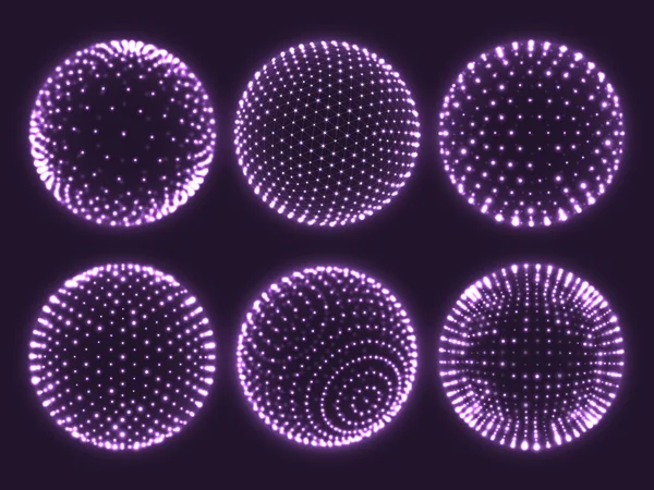 Geometría cuadrícula esfera 3d, orbe de átomo, carta científica de partículas o icono de bola de realidad virtual. Esferas abstractas vector conjunto — Vector de stock