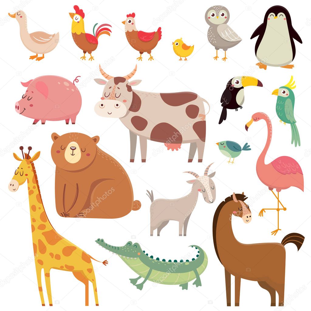 Baby cartoons wild bear, giraffe, crocodile, bird and domestic a
