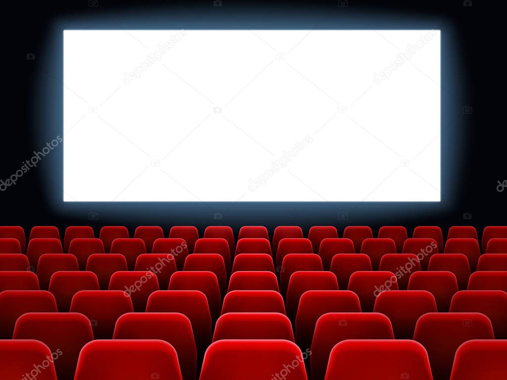 Movie premiere event at cine theatre. Cinema white blank screen at movie hall interior with empty seats vector background