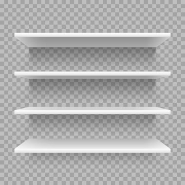 Modern boş 3d kitaplık. Perakende mağaza raf duvar. Beyaz Gölge vektör kümesi ile raflar