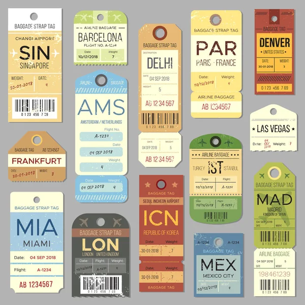 Etiqueta de equipaje vieja o etiqueta con símbolo de registro de vuelo. Etiquetas de equipaje vintage aisladas y conjunto de vectores de entradas — Archivo Imágenes Vectoriales