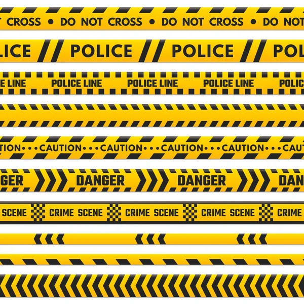 Police black and yellow line do not cross. Barricade boundary isolated by danger tape. Crime scene barrier stripes vector set — Stock Vector