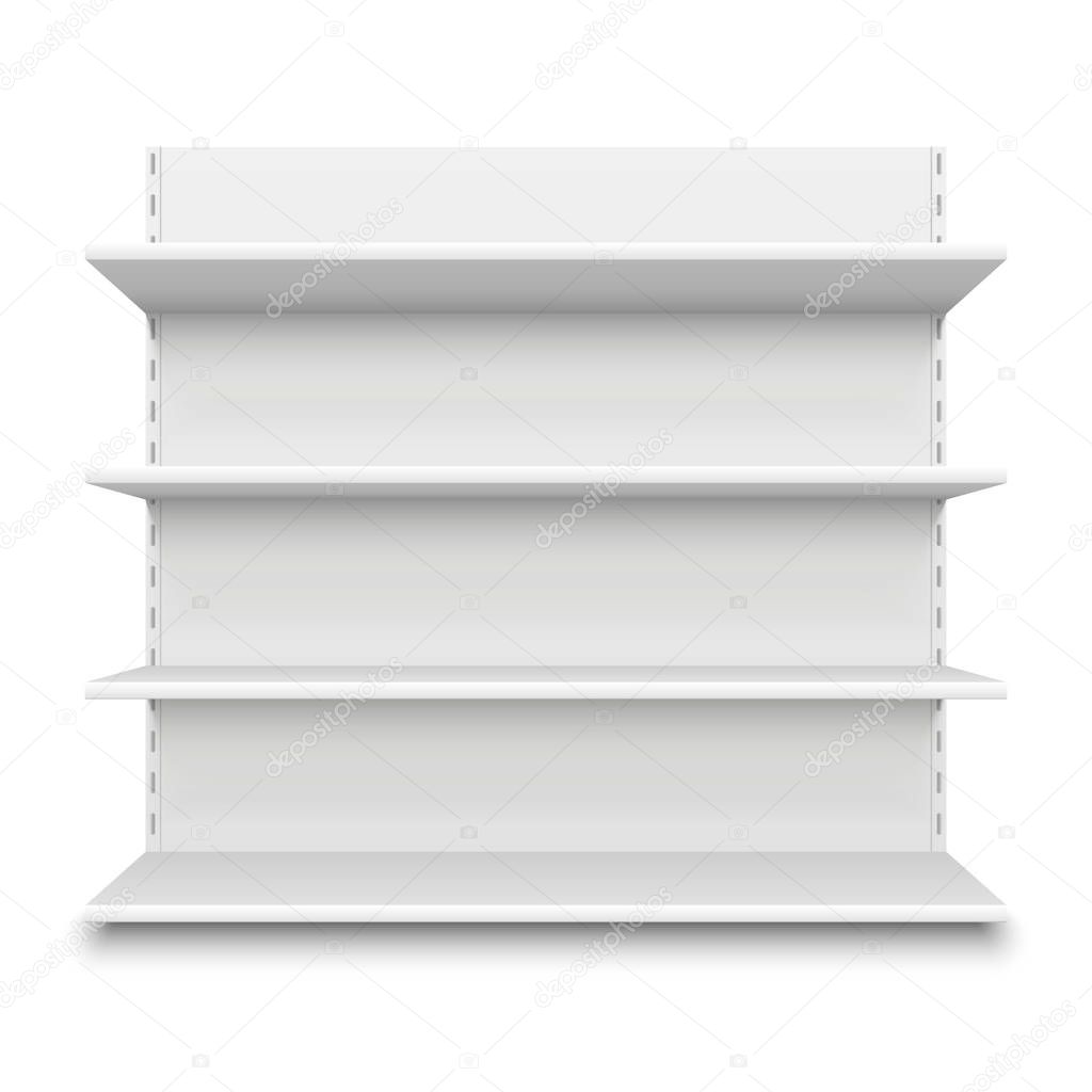 Empty supermarket shelf. Retail store white blank shelves for merchandise. Isolated shelving stand vector illustration