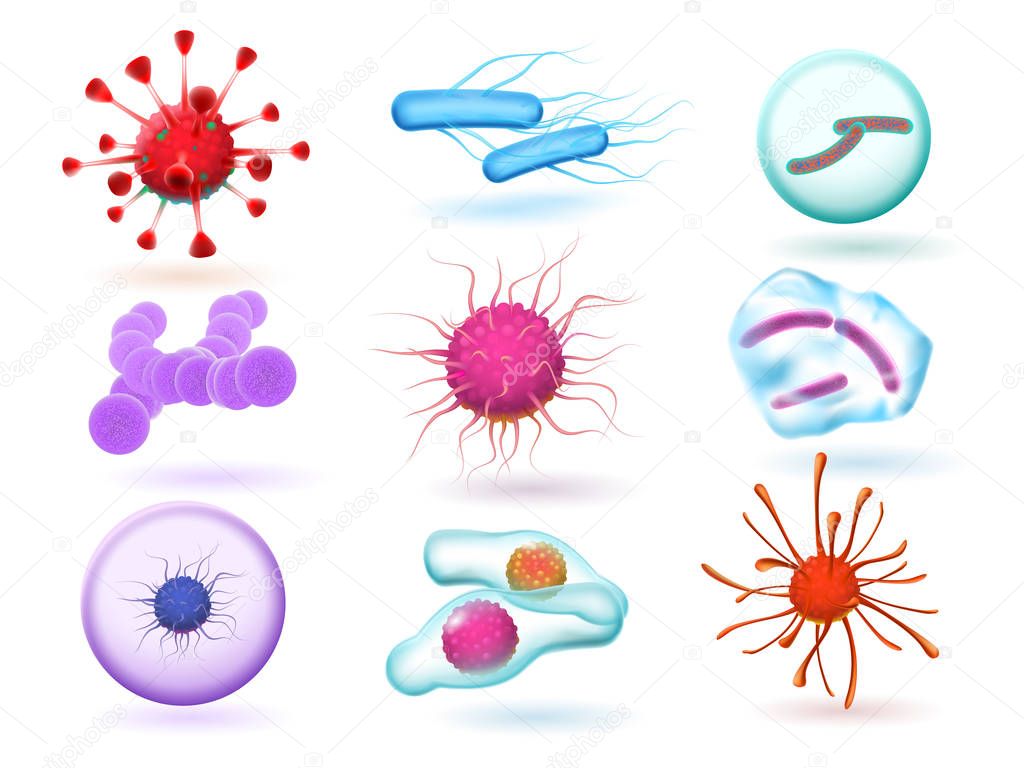 Realistic 3d microbiology bacteria, various virus, nature microorganism and science of microscopic viruses isolated vector set