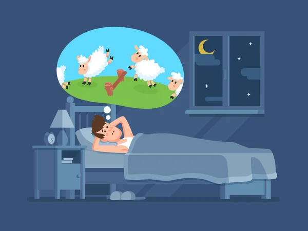 Hombre insomne en la cama tratando de dormirse contando ovejas. Cuenta ovejas para el concepto de vector de dibujos animados de insomnio — Vector de stock