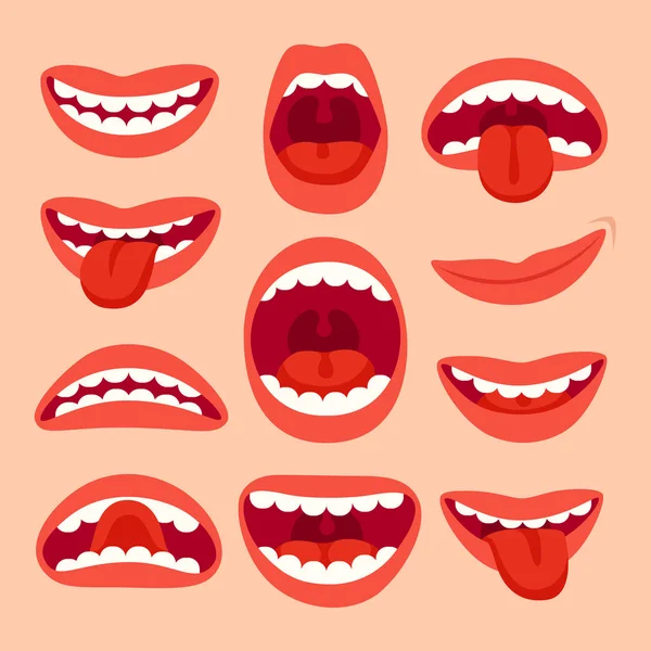 Colección de elementos de la boca de dibujos animados. Mostrar la lengua, sonreír con los dientes, emociones expresivas, bocas sonrientes y fonemas vector conjunto — Archivo Imágenes Vectoriales