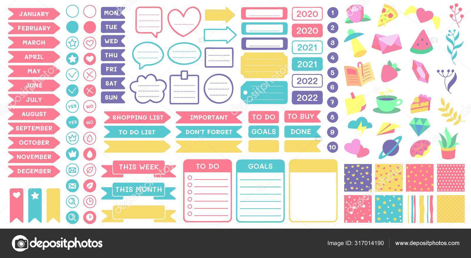 Cute planner stickers. Organizer tags, color patterns and calendar