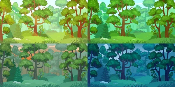 Tagsüber Waldlandschaft. Waldbäume, Sonne strahlende Wälder und Waldnatur Tag, Nacht, Morgen und Abend Landschaften Cartoon Vektor Set — Stockvektor