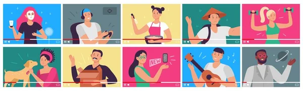 Video tutorial. Bloggers, content creators and vloggers influencers videos in player interface. People shoot video tutorials for internet flat vector illustration set — ストックベクタ