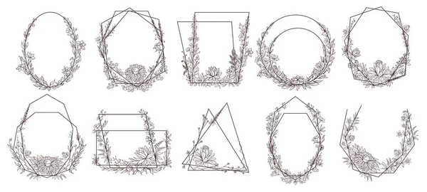 Ručně kreslené květinové geometrické rámy. Květiny, listy a větve věnec zdobí svatební pozvánku. Květiny na hranicích vektor nastaven — Stockový vektor