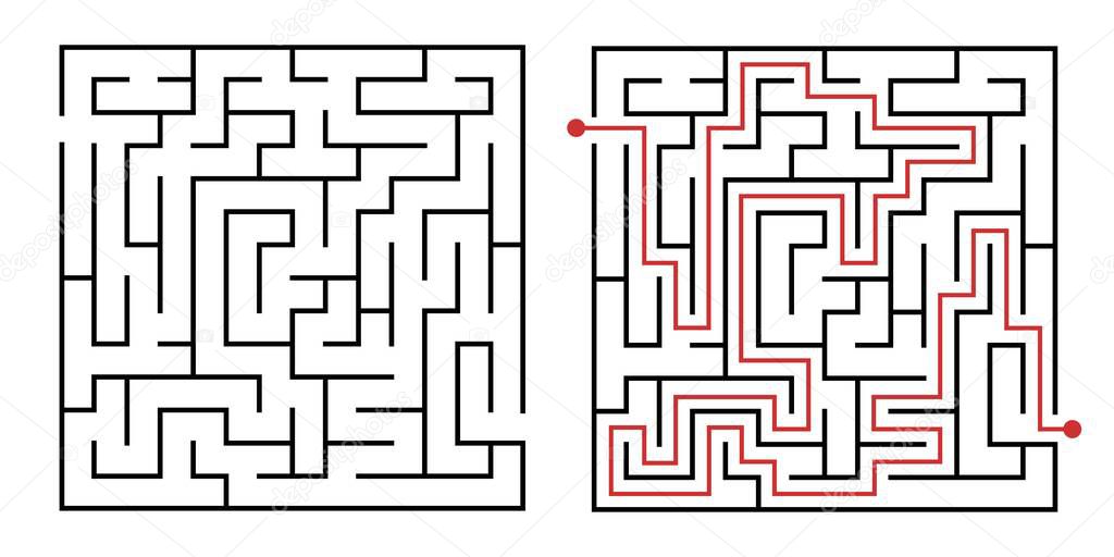 Labyrinth game way. Square maze, simple logic game with labyrinths way vector illustration