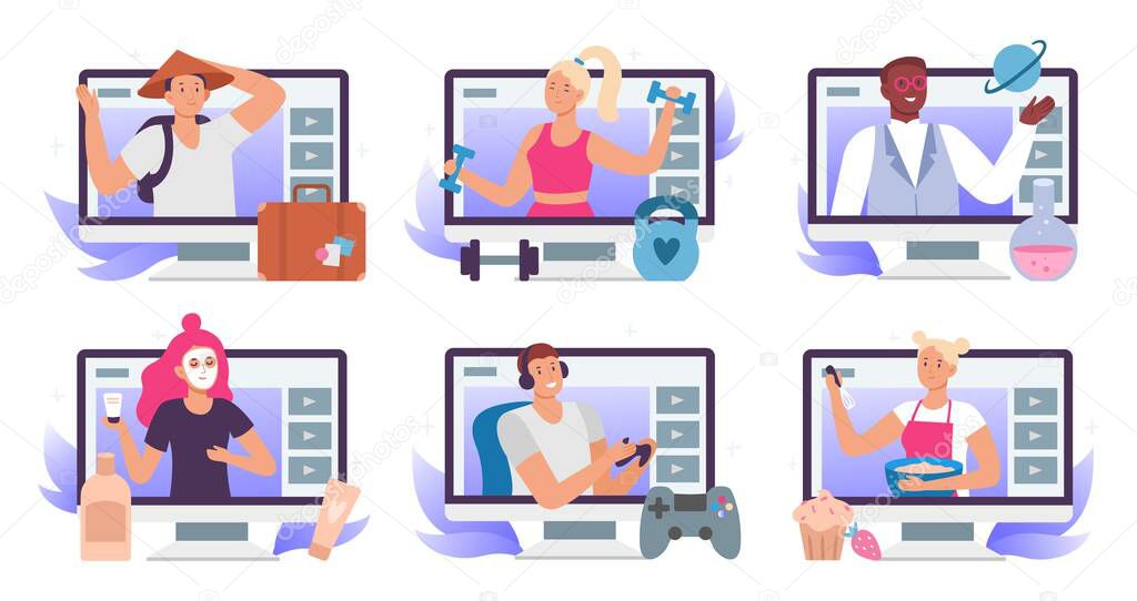 Video bloggers. Beauty blogger or vlogger, travel blog and lets play gamer stream translation. Fitness, cooking and science education video tutorial flat vector set