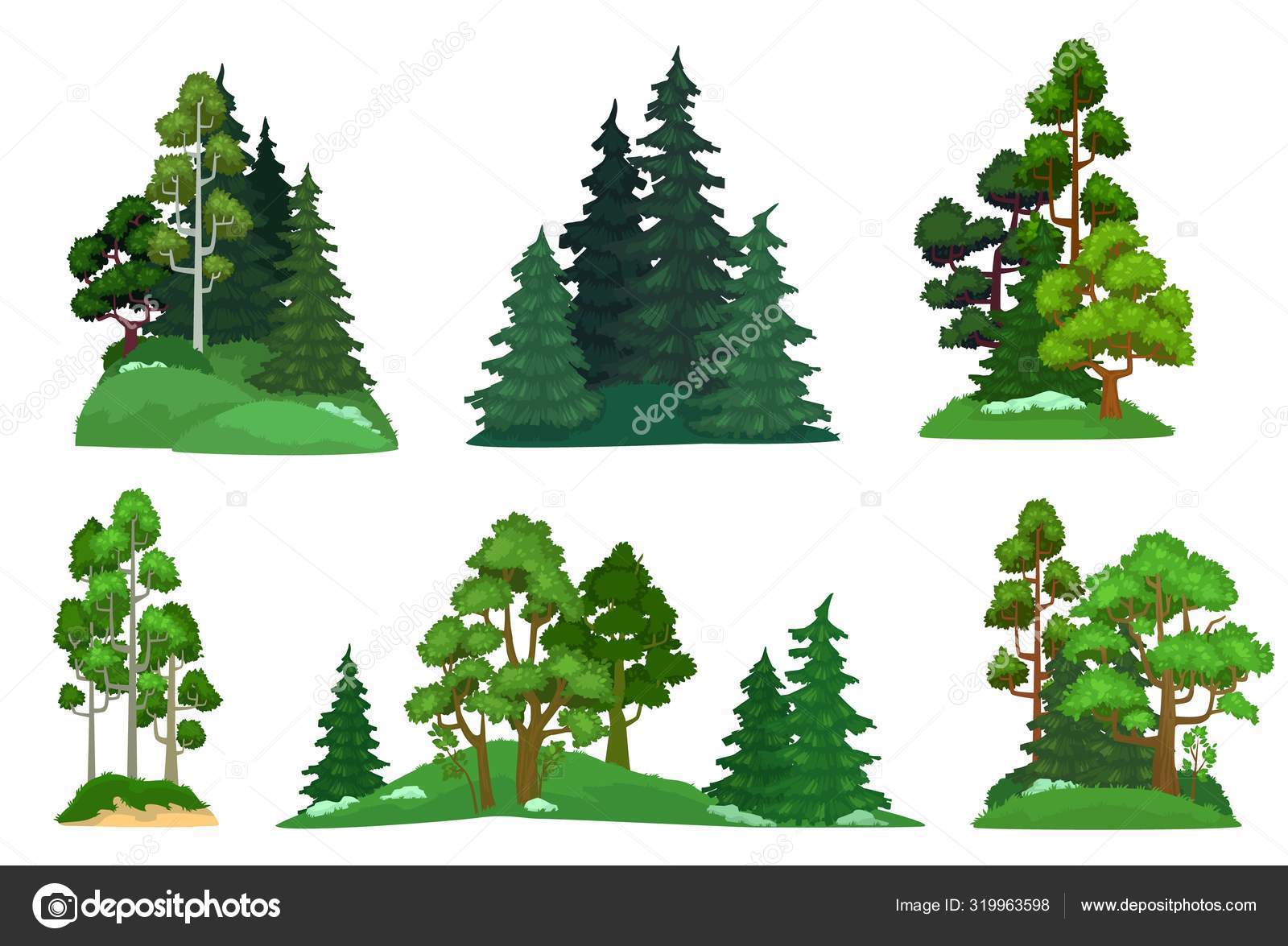 Árvore de desenho animado e madeira vegetação verde floresta com tronco de  toco e galhos conjunto isolado de vetores