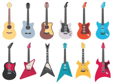 Flat guitars. Electric rock guitar, acoustic jazz and metal strings music instruments flat vector illustration set clipart