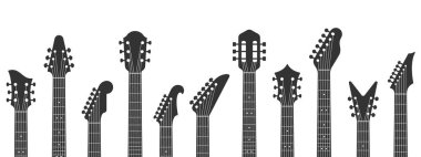 Gitar başlıkları. Gitar enseleri, rock müzik ve gitar mankeni vektör illüstrasyonlu.